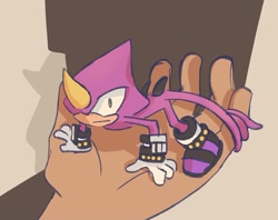 Size: 1162x921 | Tagged: safe, artist:aleespace-art, espio the chameleon, human, 2026, :|, ambiguous gender, duo, hand, looking at viewer, male, offscreen character, shrunken pupils, small, solo focus