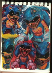 Size: 2048x2897 | Tagged: safe, artist:albatoon1212, sonic the hedgehog, oc, oc:lord x, oc:sonic.exe, hedgehog, 2026, black sclera, looking at viewer, male, mouth open, nightmare fuel, scar, sharp teeth, sketch page, traditional media