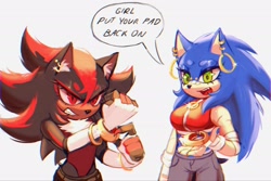 Size: 2048x1372 | Tagged: safe, artist:saintforan, shadow the hedgehog, sonic the hedgehog, 2025, bandage, beanbrows, bodysuit, clothes, dialogue, duo, ear fluff, ear piercing, earring, english text, eyelashes, fingerless gloves, frown, gloves, holding something, jacket, lesbian, looking at them, looking offscreen, meme, midriff, pants, r63 shipping, redraw, removing limiter ring, shadow x sonic, shipping, simple background, speech bubble, standing, talking, text