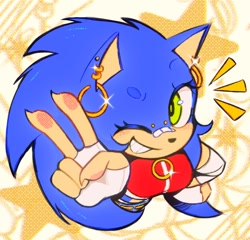 Size: 1917x1844 | Tagged: safe, artist:saintforan, sonic the hedgehog, hedgehog, 2025, abstract background, alternate hairstyle, alternate outfit, bandaid, beanbrows, clothes, face piercing, female, fingerless gloves, from above, fully clothed, gender swap, gloves, hand on hip, jacket, looking at viewer, looking up, looking up at viewer, nose piercing, pawpads, smile, smiling at viewer, solo, sparkles, star (symbol), v sign, wink, winking at viewer