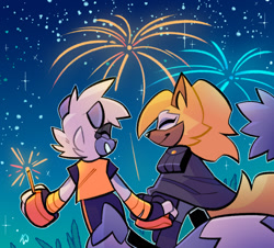 Size: 1631x1472 | Tagged: safe, artist:mintywhisker, tangle the lemur, whisper the wolf, lemur, wolf, 2020, abstract background, duo, eyes closed, female, fireworks, holding hands, holding something, new years, nighttime, outdoors, outline, smile, sparkler, star (sky), walking