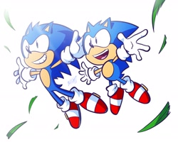 Size: 2048x1638 | Tagged: safe, artist:4brandonjs4, sonic the hedgehog, 2024, arms out, classic sonic, duo, grass blade, looking offscreen, mid-air, mouth open, open smile, self paradox, signature, simple background, sonic generations, white background