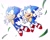 Size: 2048x1638 | Tagged: safe, artist:4brandonjs4, sonic the hedgehog, hedgehog, 2024, arms out, classic sonic, classic sonic (universe), duo, grass blade, looking offscreen, male, mid-air, mouth open, open smile, self paradox, signature, simple background, sonic generations, white background