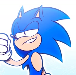 Size: 1613x1586 | Tagged: safe, artist:4brandonjs4, sonic the hedgehog, 2025, clenched fist, clenched teeth, flat colors, gradient background, lidded eyes, looking offscreen, smile, smirk, smug, solo, standing