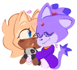 Size: 1437x1305 | Tagged: safe, artist:funkydrugz, blaze the cat, whisper the wolf, 2024, blaze x whisper, blazebetes, blushing, cute, duo, eyes closed, floppy ear, heart, hugging, hugging from behind, lesbian, no outlines, one eye closed, one fang, rarepair, shipping, simple background, smile, standing, whispabetes, white background