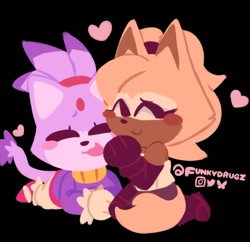 Size: 1252x1212 | Tagged: safe, artist:funkydrugz, blaze the cat, whisper the wolf, 2024, black background, blaze x whisper, blazebetes, blushing, cute, duo, eyes closed, hugging, kneeling, lesbian, lying down, lying on front, no outlines, rarepair, shipping, signature, simple background, smile, whispabetes