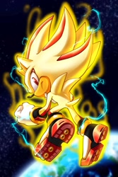 Size: 1370x2048 | Tagged: safe, artist:thenovika, shadow the hedgehog, super shadow, 2026, abstract background, aura, clenched fist, earth, electricity, flying, frown, looking at viewer, looking back, looking back at viewer, mid-air, planet, solo, space, super form