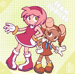 Size: 2000x1982 | Tagged: safe, artist:galaxydonut90000, amy rose, cream the rabbit, human, 2025, abstract background, duo, eye clipping through hair, flat colors, hair up, hand on hip, humanized, looking at viewer, smile, smiling at viewer, species swap, standing, tan skin, team jubilee
