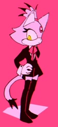 Size: 591x1280 | Tagged: safe, artist:gayblaze, blaze the cat, 2018, alternate outfit, blazer, bow, frown, hands on hips, looking at viewer, pink background, ribbon, simple background, skirt, solo, standing, stockings