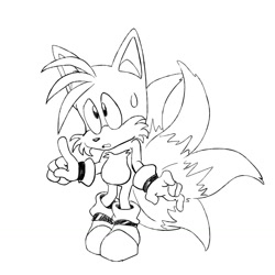 Size: 1280x1280 | Tagged: safe, artist:toxiccaves, miles "tails" prower, 2017, kitsune, line art, looking offscreen, monochrome, mouth open, pointing, simple background, solo, standing, sweatdrop, white background