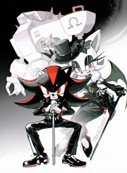Size: 1694x2302 | Tagged: safe, artist:waaii132299, e-123 omega, rouge the bat, shadow the hedgehog, 2025, alternate outfit, dress, greyscale, halloween, halloween outfit, holding something, jack o'lantern, jacket, looking at viewer, monochrome, pants, sitting, smile, spot color, team dark, trio