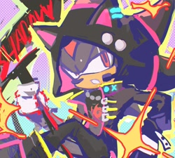 Size: 2480x2231 | Tagged: safe, artist:waaii132299, shadow the hedgehog, 2025, alternate outfit, character name, holding something, hood, hood up, shadow's logo, solo