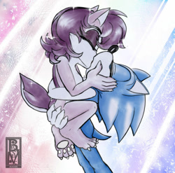 Size: 1280x1267 | Tagged: safe, artist:roseduelistbbshm, sally acorn, sonic the hedgehog, chipmunk, hedgehog, 2024, abstract background, carrying them, duo, female, kiss, male, sally x sonic, shipping, sparkles, straight
