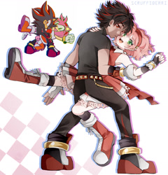 Size: 2112x2200 | Tagged: safe, artist:scruffiberri, amy rose, shadow the hedgehog, human, clothes, dancing, duo, female, humanized, male, redraw, reference inset