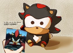 Size: 1611x1182 | Tagged: safe, artist:waaii132299, shadow the hedgehog, 2025, chinese text, english text, holding something, solo, sonic racing crossworlds, stuffed animal