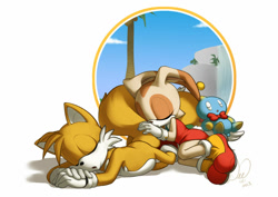 Size: 1024x726 | Tagged: safe, artist:kittydee, cheese (chao), cream the rabbit, miles "tails" prower, cheeseabetes, creamabetes, sleeping, tailabetes