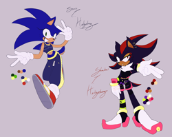 Size: 3512x2793 | Tagged: safe, artist:smugperson, shadow the hedgehog, sonic the hedgehog, hedgehog, 2024, alternate outfit, belt, blushing, character name, chest fluff, clothes, color palette, crop top, double v sign, duo, ear fluff, earring, earth pony, english text, eyelashes, female, fingergun, flat colors, gender swap, grey background, leg braces, looking at viewer, looking offscreen, midriff, mouth open, pants, shorts, simple background, smile, standing, text, treads, v sign