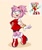 Size: 1500x1800 | Tagged: safe, artist:artkett1412, amy rose, hedgehog, 2022, alternate hairstyle, alternate outfit, blushing, dress, eyelashes, female, hair up, hand on hip, looking offscreen, mouth open, open smile, ponytail, reference inset, shorts, simple background, smile, solo, sparkles, standing, standing on one leg, yellow background