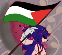 Size: 1677x1473 | Tagged: safe, artist:igenesisx, sonic the hedgehog, oc, oc:sonic.exe, oc:xenophanes, hedgehog, 2024, claws, country flag, flag, free palestine, holding something, looking offscreen, outline, palestine flag, scar, signature, solo