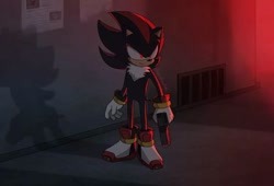 Size: 694x473 | Tagged: safe, artist:izzhaziqofficial40, shadow the hedgehog, hedgehog, 2025, frown, gun, holding something, looking at each other, male, solo, standing