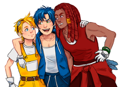 Size: 1000x720 | Tagged: safe, artist:justasonicfan, knuckles the echidna, miles "tails" prower, sonic the hedgehog, human, 2021, arm around shoulders, frown, group hug, hugging, humanized, simple background, smile, species swap, standing, tan skin, team sonic, trio, white background