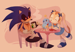 Size: 2048x1423 | Tagged: safe, artist:eloscore, cheese (chao), cream the rabbit, sonic the hedgehog, oc, oc:2011x, oc:sonic.exe, chao, 2025, agender, alternate outfit, alternate universe, au:outcome memories, black sclera, black shoes, blue shoes, chair, cup, female, holding something, male, mouth open, mug, neutral chao, sharp teeth, sitting, smile, standing, table, tea, tea party, trio