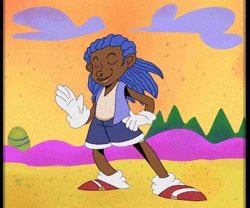 Size: 1200x1000 | Tagged: safe, artist:future-gamefreak, artist:realmaturebradley, sonic the hedgehog, human, adventures of sonic the hedgehog, 2023, abstract background, dark skin, eyes closed, fake screenshot, hand on hip, humanized, outdoors, smile, solo, species swap, standing, style emulation
