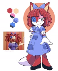Size: 1619x2007 | Tagged: safe, artist:kanayanga, fox, 2024, barely sonic related, hand on hip, lidded eyes, mobianified, ragatha, reference inset, simple background, smile, solo, standing, the amazing digital circus, white background