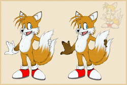 Size: 1453x974 | Tagged: safe, artist:siscocentral, miles "tails" prower, fox, 2015, belly button, duality, ear fluff, fangs, flat colors, fur markings, holding something, holding tail, looking at viewer, mouth open, open smile, realistic, redraw, reference inset, simple background, smile, smiling at viewer, solo, standing, whiskers, yellow background