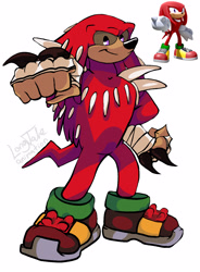 Size: 920x1250 | Tagged: safe, artist:zulema, knuckles the echidna, echidna, 2020, alternate universe, au:sonic paradice, brown sclera, clenched fists, hand spikes, looking at viewer, redraw, reference inset, simple background, smile, smiling at viewer, solo, standing, tan skin, white background
