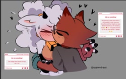 Size: 1074x679 | Tagged: safe, artist:quaverdraws, gadget the wolf, lanolin the sheep, sheep, wolf, 2025, blushing, clothes, duo, english text, gadget x lanolin, heart, kiss, shipping, shirt, straight, straw.page