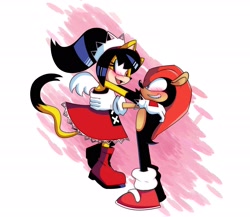 Size: 2048x1778 | Tagged: safe, artist:zettocbaart99, honey the cat, mighty the armadillo, armadillo, cat, 2022, blushing, duo, female, holding them, honey x mighty, looking at each other, male, shipping, straight