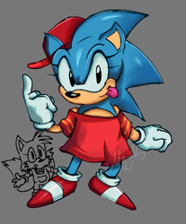 Size: 961x1160 | Tagged: safe, artist:allysonvalley, miles "tails" prower, sonic the hedgehog, 2026, cap, classic sonic, classic tails, clothes, duo, eyelashes, gender swap, grey background, hat, looking at them, looking at viewer, overalls, pointing, shirt, signature, simple background, solo focus, standing, tongue out