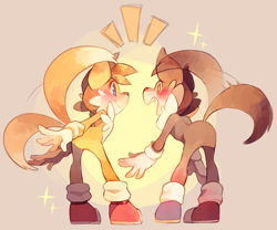 Size: 2100x1749 | Tagged: safe, artist:sony-shock, miles "tails" prower, oc, oc:odd the wolf, fox, wolf, 2020, back view, bending over, duo, mouth open, open smile, smile, sparkles, standing, wagging tail