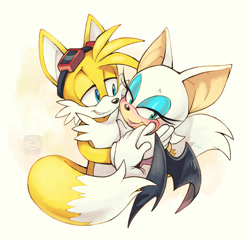 Size: 1024x988 | Tagged: safe, artist:finimun, miles "tails" prower, rouge the bat, 2018, age difference, blushing, duo, eyewear on head, goggles, goggles on head, gradient background, holding each other, shipping, straight, tailouge