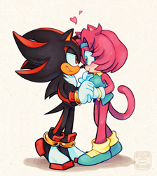 Size: 666x742 | Tagged: safe, artist:finimun, shadow the hedgehog, oc, oc:jade the cat, cat, hedgehog, 2017, blushing, canon x oc, duo, heart, holding hands, jade x shadow, looking at each other, shipping, side view, simple background, smile, smiling at each other, standing, straight, white background