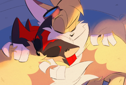 Size: 2953x2008 | Tagged: safe, artist:lanzo000, miles "tails" prower, shadow the hedgehog, 2023, aged up, bed, duo, ear fluff, eyes closed, eyewear on head, goggles, goggles on head, indoors, pillow, sleeping, snuggling