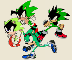 Size: 1354x1130 | Tagged: safe, artist:maurofonseca, oc, oc:ashura the hedgehog, hedgehog, 2021, blue shoes, clenched fists, design comparison, eyewear on head, fingerless gloves, frown, gloves, goggles, goggles on head, grey background, looking offscreen, mid-air, no mouth, oc only, red shoes, running, shoes, simple background, socks, solo, sonic's shoes