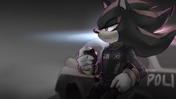 Size: 2000x1125 | Tagged: safe, artist:kingofhighlands, shadow the hedgehog, hedgehog, 2019, alternate outfit, car, clothes, frown, fully clothed, g.u.n logo, greyscale, holding something, lidded eyes, looking offscreen, male, monochrome, police car, police uniform, radio, solo, spot color, standing, suit, vehicle