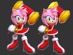 Size: 2048x1536 | Tagged: safe, artist:rainsyart, editor:rainsyart, amy rose, sonic dream team, 2024, 3d, comparison, edit, grey background, piko piko hammer, simple background, solo, standing