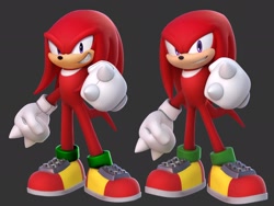 Size: 2048x1536 | Tagged: safe, artist:rainsyart, editor:rainsyart, knuckles the echidna, sonic dream team, 2024, 3d, clenched fists, comparison, edit, grey background, looking at viewer, simple background, smile, solo, standing