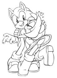 Size: 542x740 | Tagged: suggestive, artist:argento, amy rose, sonic the hedgehog, hedgehog, 2015, amybetes, blushing, cute, duo, female, hand on head, heart, hugging, male, mouth open, open smile, panties, simple background, smile, sonabetes, standing, standing on one leg, upskirt, white background