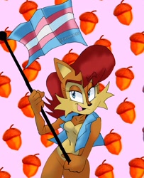 Size: 1666x2048 | Tagged: safe, artist:eixxomacts, sally acorn, 2025, abstract background, acorn, eye clipping through hair, eyebrow clipping through hair, flag, holding something, looking at viewer, pride, pride flag, smile, solo, standing, traditional media, trans female, trans girl sally, trans pride