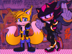 Size: 1600x1200 | Tagged: safe, artist:reinadecorazonez, miles "tails" prower, shadow the hedgehog, fox, hedgehog, 2021, alternate outfit, black gloves, black shoes, boots, clothes, duo, duo male, ear fluff, fingergun, fingerless gloves, fixing glove, frown, gloves, graffiti, jacket, looking at viewer, male, males only, standing