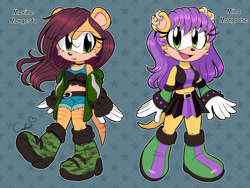 Size: 1280x960 | Tagged: safe, artist:reinadecorazonez, mina mongoose, oc, oc:maxine mangosta, mongoose, 2025, abstract background, anti-mobius, character name, duo, duo female, english text, eye clipping through hair, female, females only, frown, looking at viewer, outline, self paradox, signature, smile, standing, standing on one leg, text