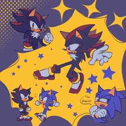 Size: 2048x2048 | Tagged: safe, artist:aleespace-art, shadow the hedgehog, sonic the hedgehog, hedgehog, 2026, abstract background, arms folded, dialogue, duo, english text, frown, gay, male, shadow x sonic, shipping, smile