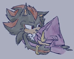 Size: 1197x964 | Tagged: safe, artist:aleespace-art, espio the chameleon, shadow the hedgehog, 2026, duo, eyes closed, gay, grey background, hugging, looking at them, male, movie style, shadpio, shipping, simple background, sitting, sleeping, snuggling