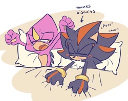 Size: 1296x1029 | Tagged: safe, artist:aleespace-art, espio the chameleon, shadow the hedgehog, 2026, bed, blushing, duo, english text, flat colors, gay, one eye closed, pillow, purring, sfx, shadpio, shipping, stretching, text, waking up, yawning