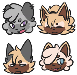 Size: 1393x1362 | Tagged: safe, artist:itsrainingswhelse, tangle the lemur, whisper the wolf, oc, oc:geo the lemur, oc:rocky the wolf, lemur, wolf, 2026, alternate universe, au:after us, beanbrows, family, fankid, flat colors, frown, group, head only, lesbian, magical lesbian spawn, mother and child, mother and daughter, mother and son, parent:tangle, parent:whisper, parents:whispangle, shipping, simple background, smile, tangle x whisper, tongue out, white background