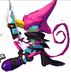 Size: 1875x1904 | Tagged: safe, artist:reezypuffz, espio the chameleon, 2026, chameleon, holding something, katana, lidded eyes, looking at something, male, scarf, simple background, sitting, solo, weapon, white background